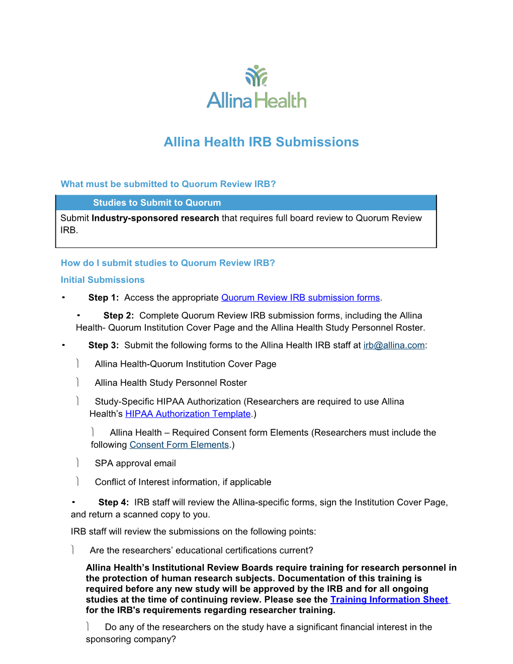 Allina Health IRB Submissions