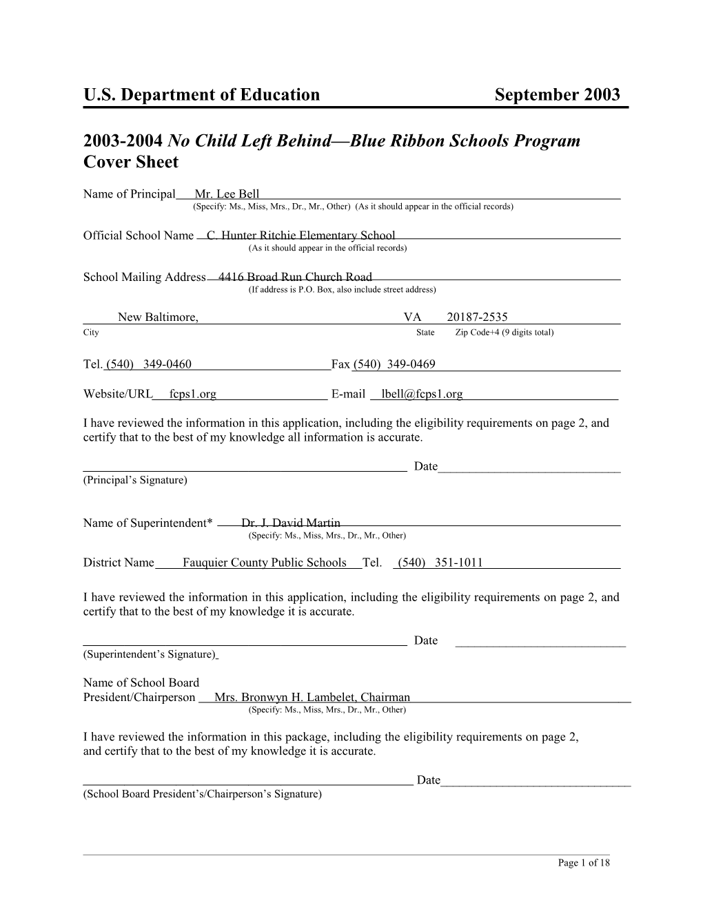 C. Hunter Ritchie Elementary School 2004 No Child Left Behind-Blue Ribbon School Application