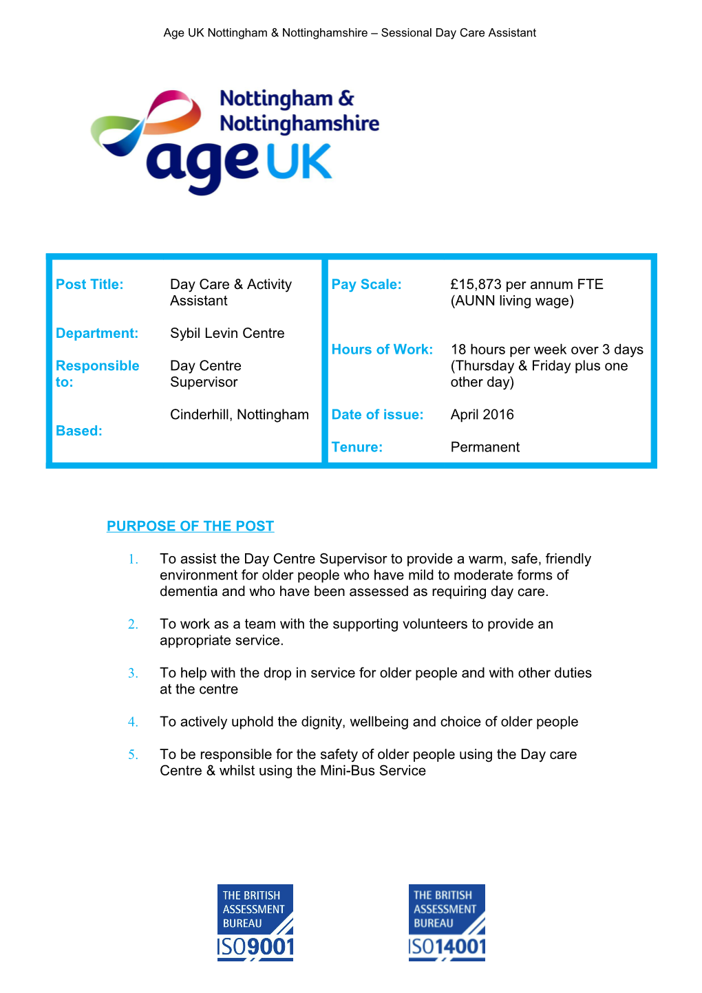 Age UK Nottingham Nottinghamshire Sessional Day Care Assistant