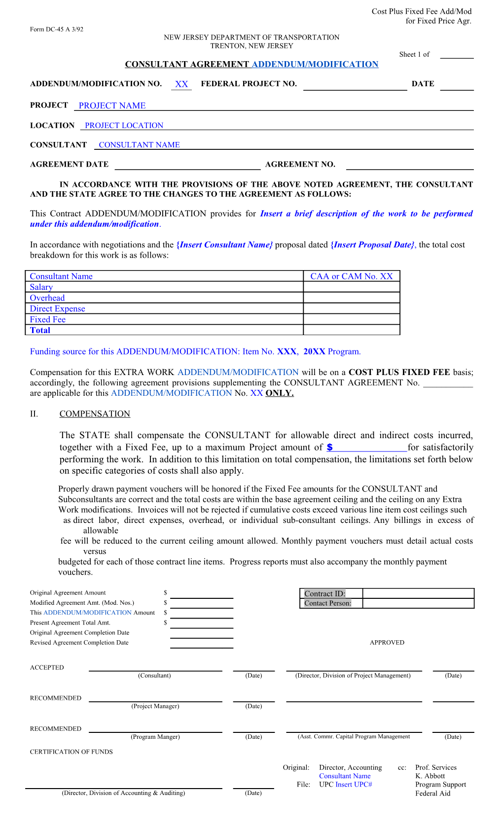 Consultant Agreement Addendum/Modification