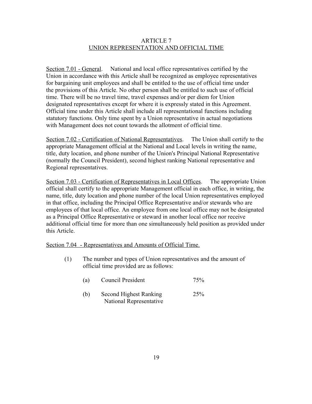 Article 7 Union Representation and Official Time