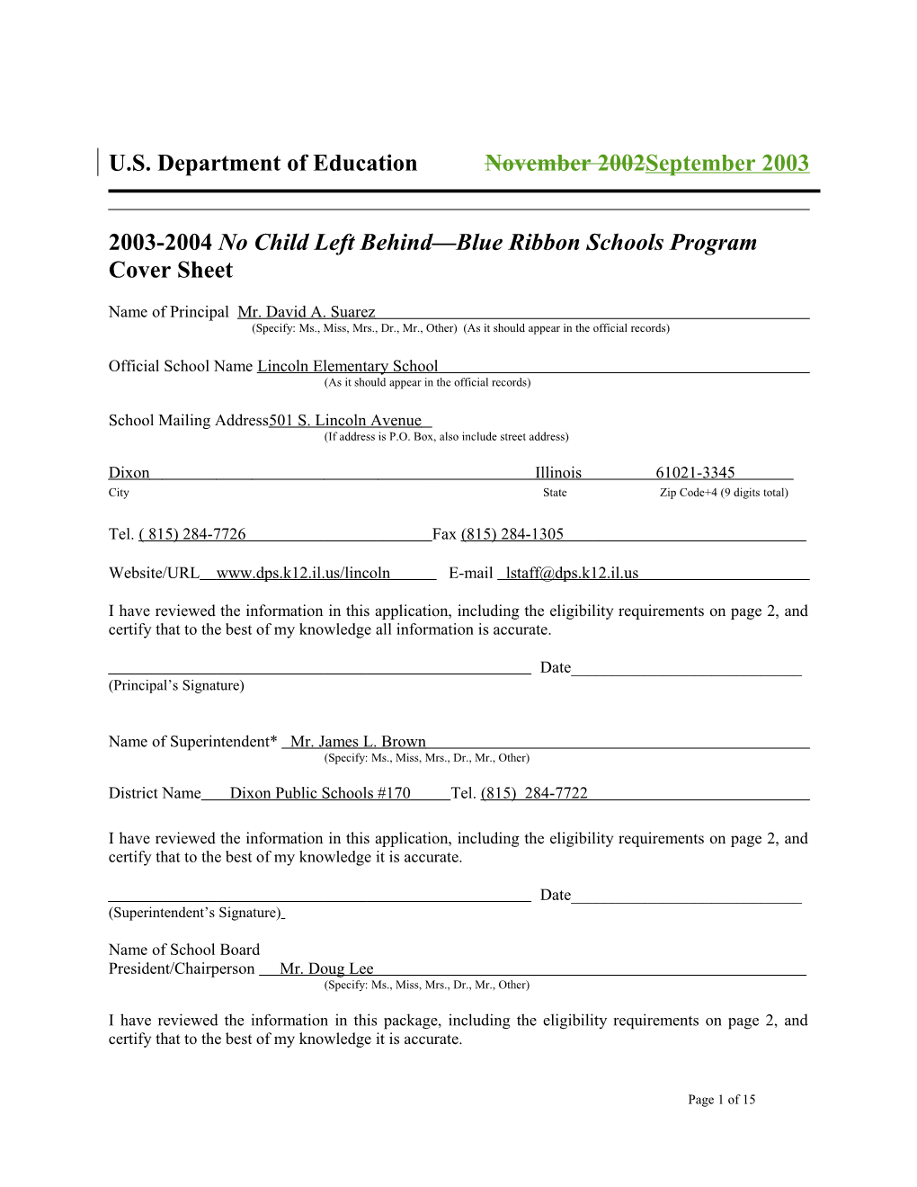 Lincoln Elementary School 2004 No Child Left Behind-Blue Ribbon School Application (Msword)
