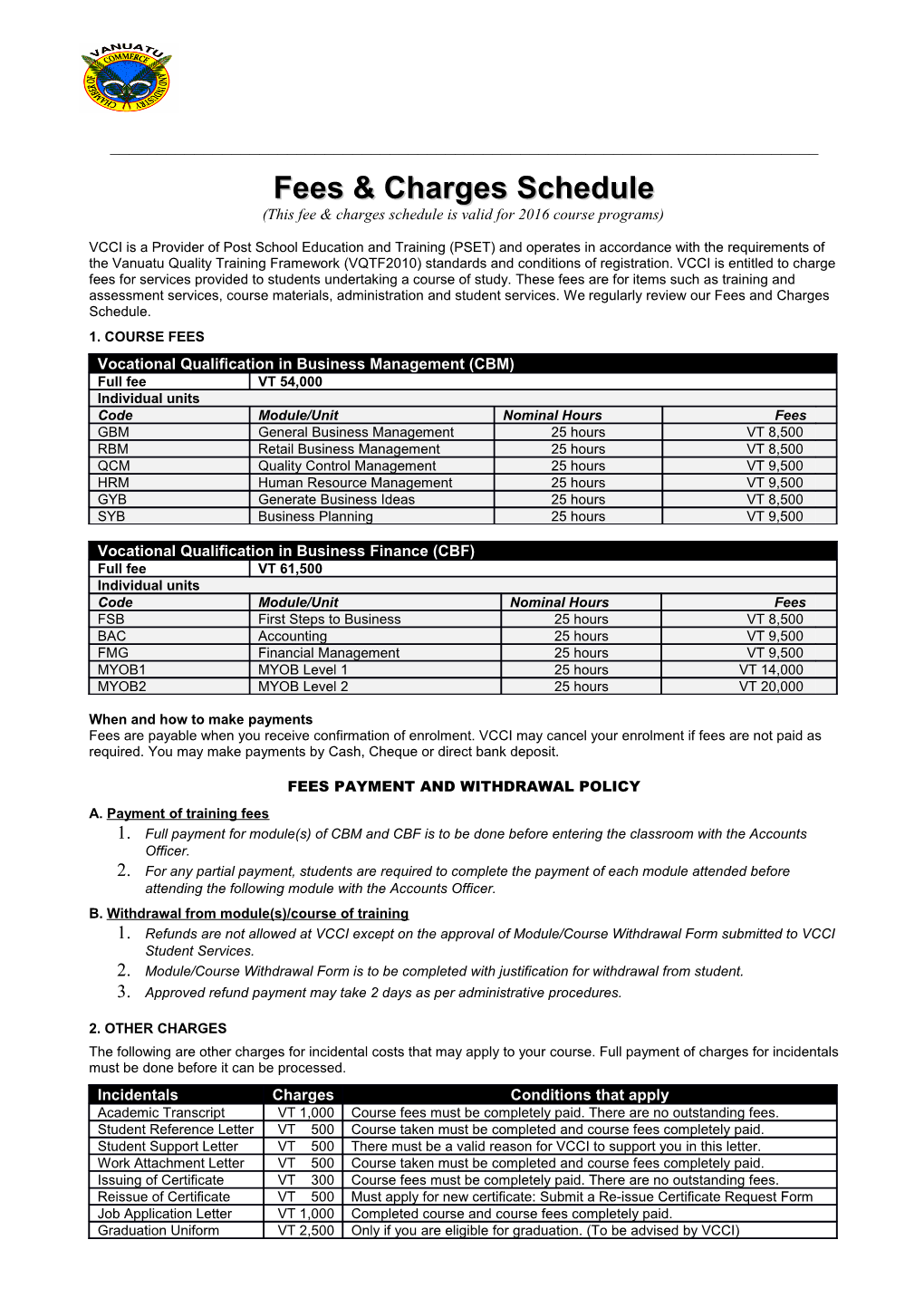 Fees & Charges Schedule