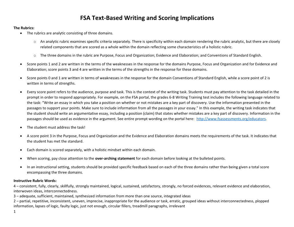 FSA Text-Based Writing and Scoring Implications