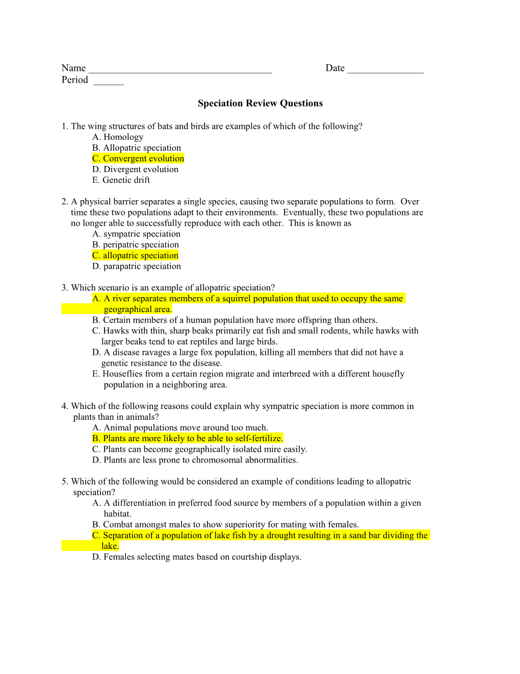 Speciation Review Questions