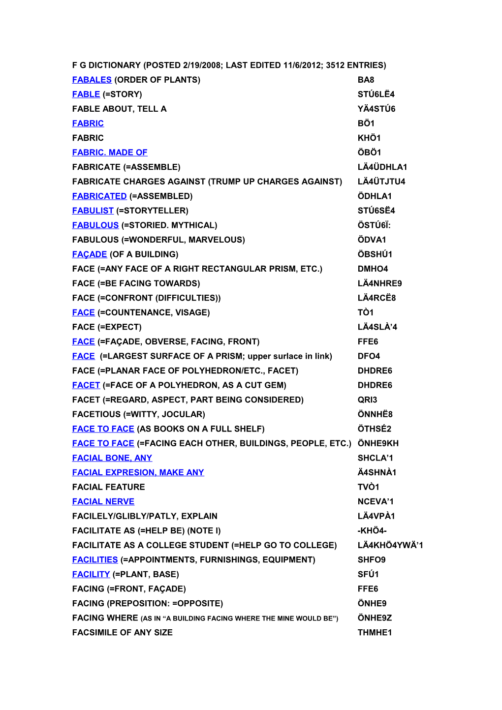 F G Dictionary (Posted 2/19/2008; Last Edited 1/30/2009; 3108 Entries)