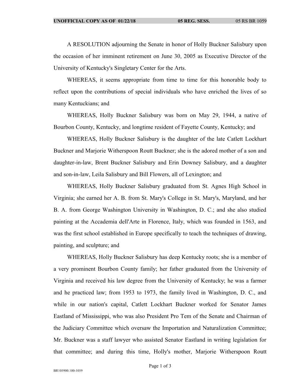 Unofficial Copy As of 02/07/05 05 Reg. Sess. 05 Rs Br 1059