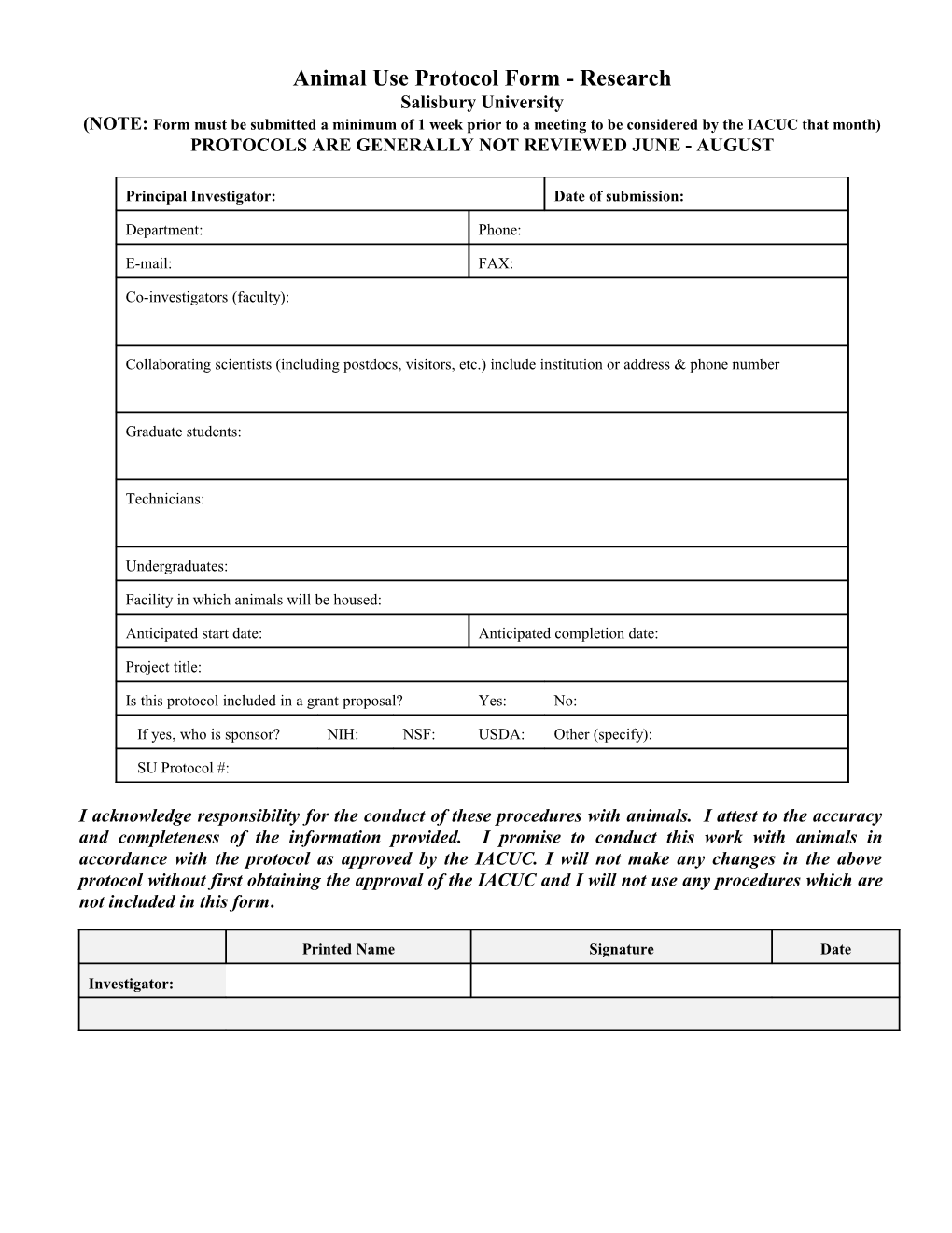 Animal Use Protocol Form - Research