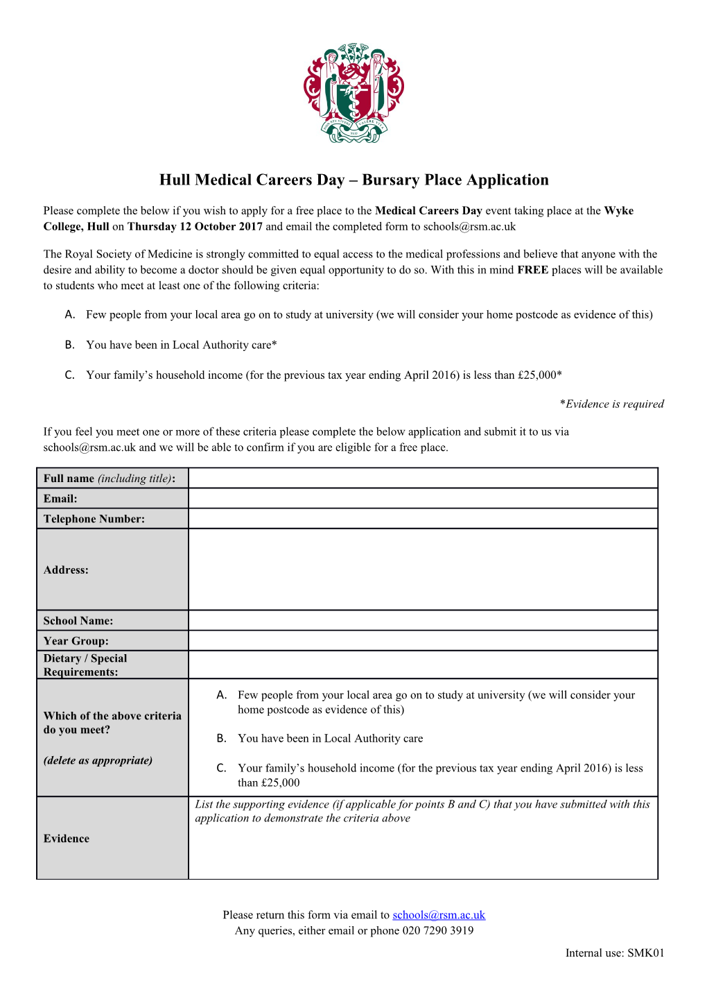 Hull Medical Careers Day Bursary Place Application