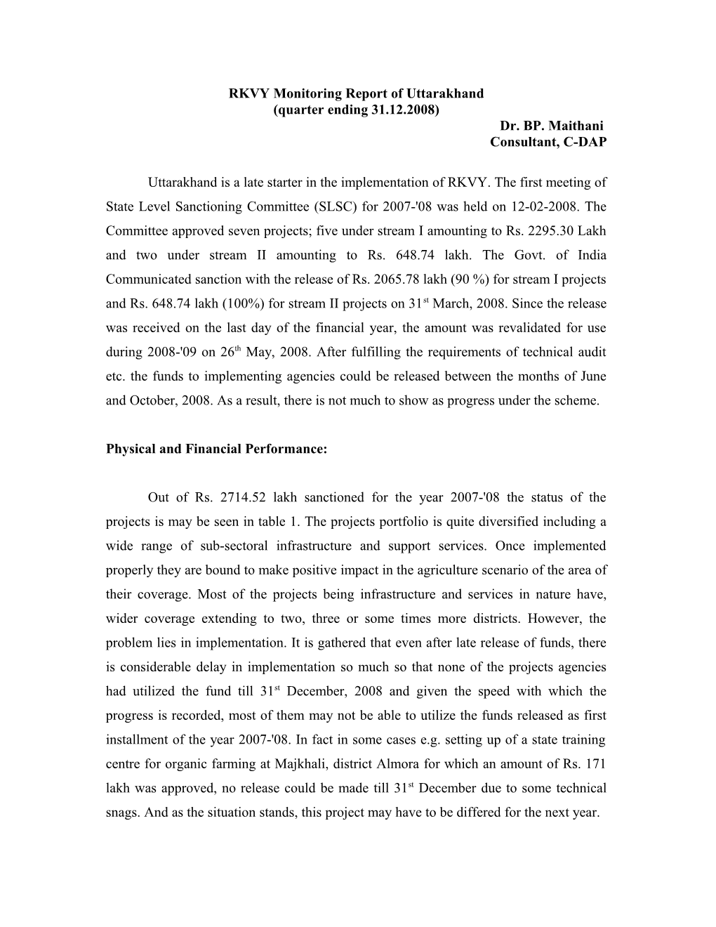 RKVY Monitoring Report of Uttarakhand