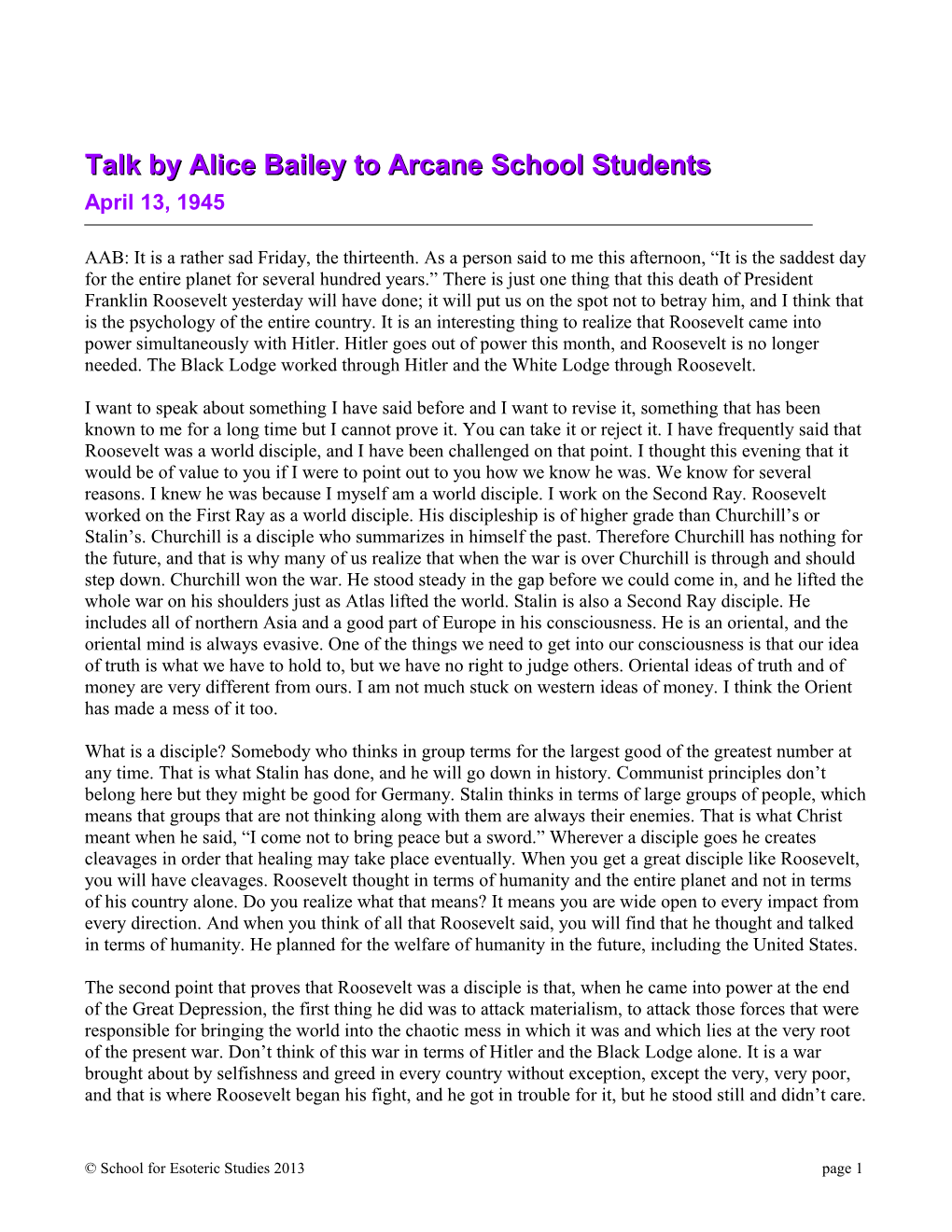Talk by Alice Bailey to Arcane School Students