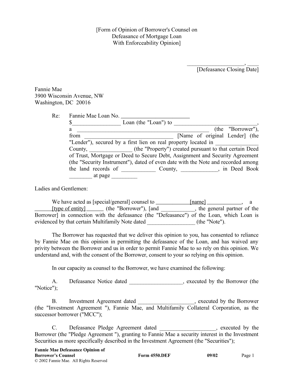 Form Of Opinion Of Borrower's Counsel On Defeasance Of Mortgage Loan