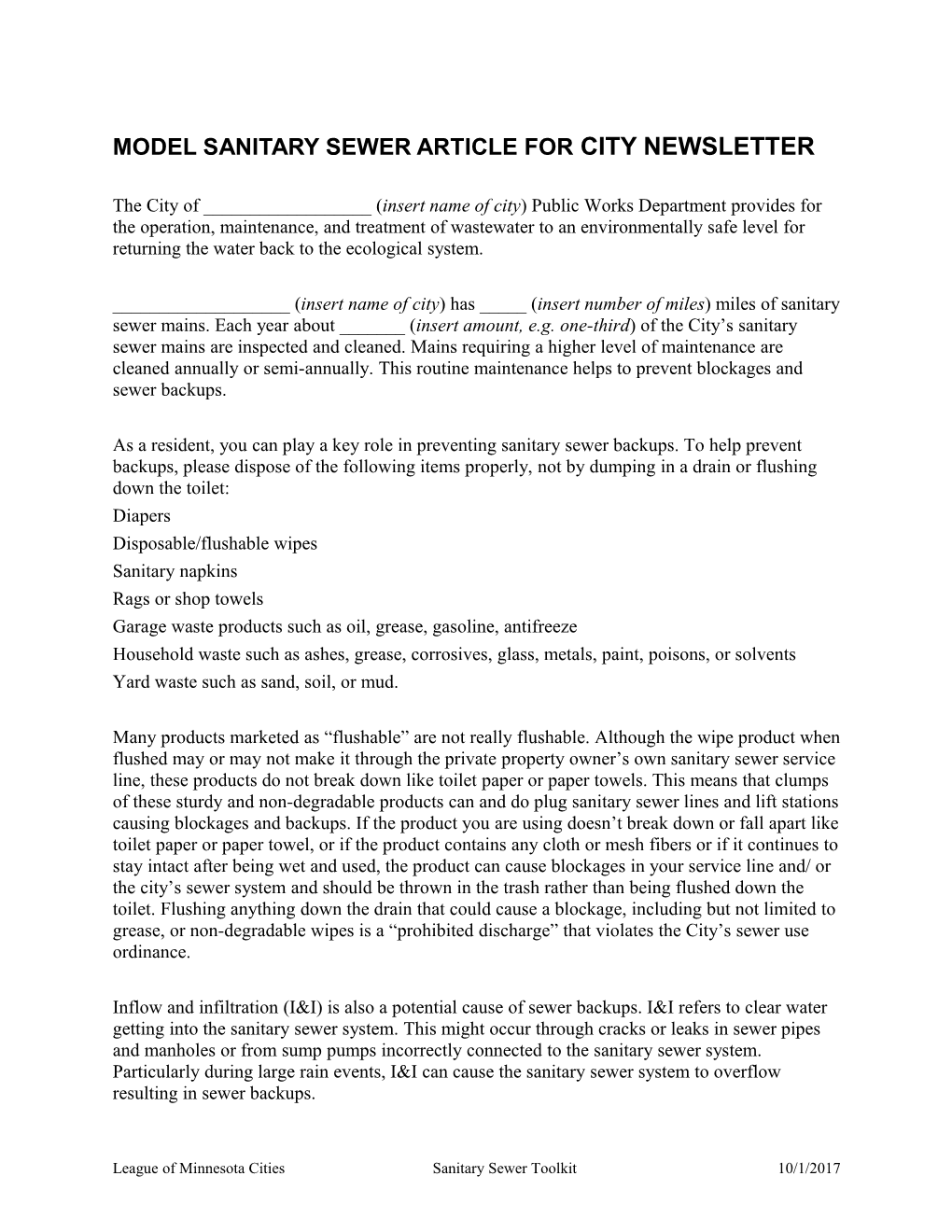 Model Sanitary Sewer Article for City Newsletter