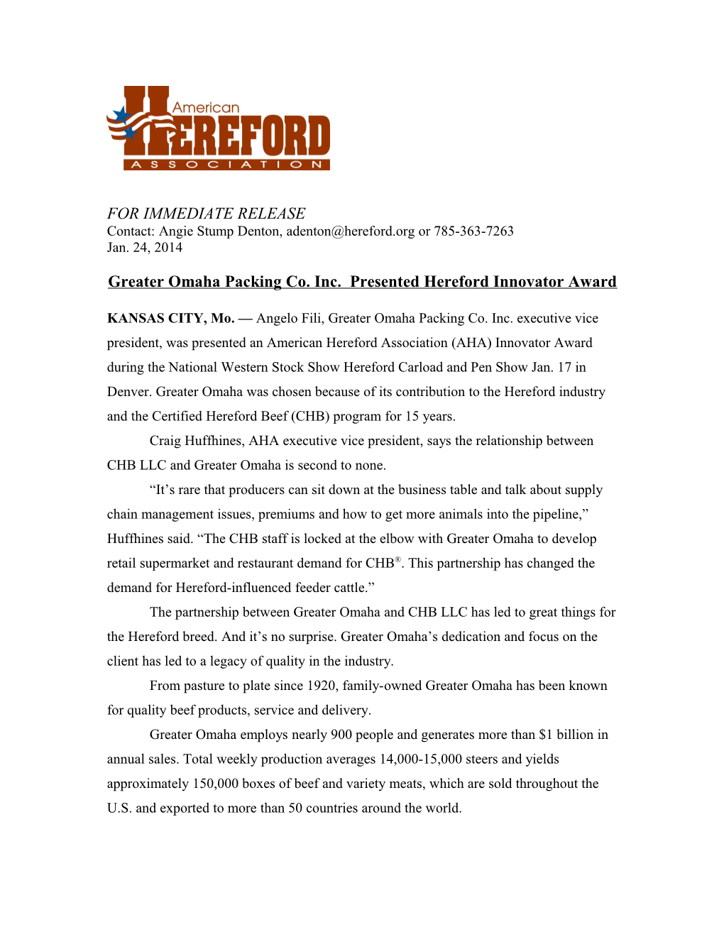 Greater Omaha Packing Co. Inc. Presented Hereford Innovator Award