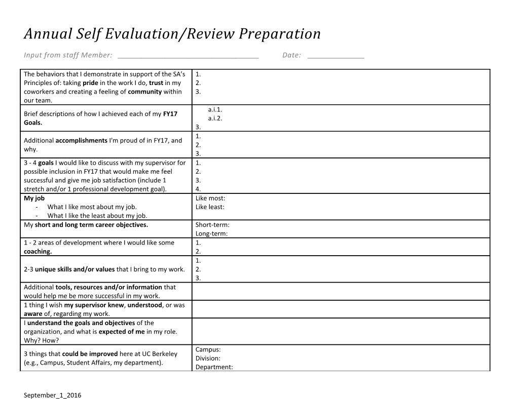 Annual Self Evaluation/Review Preparation