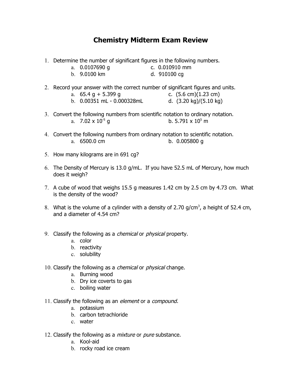 Chemistry Midterm Exam Review