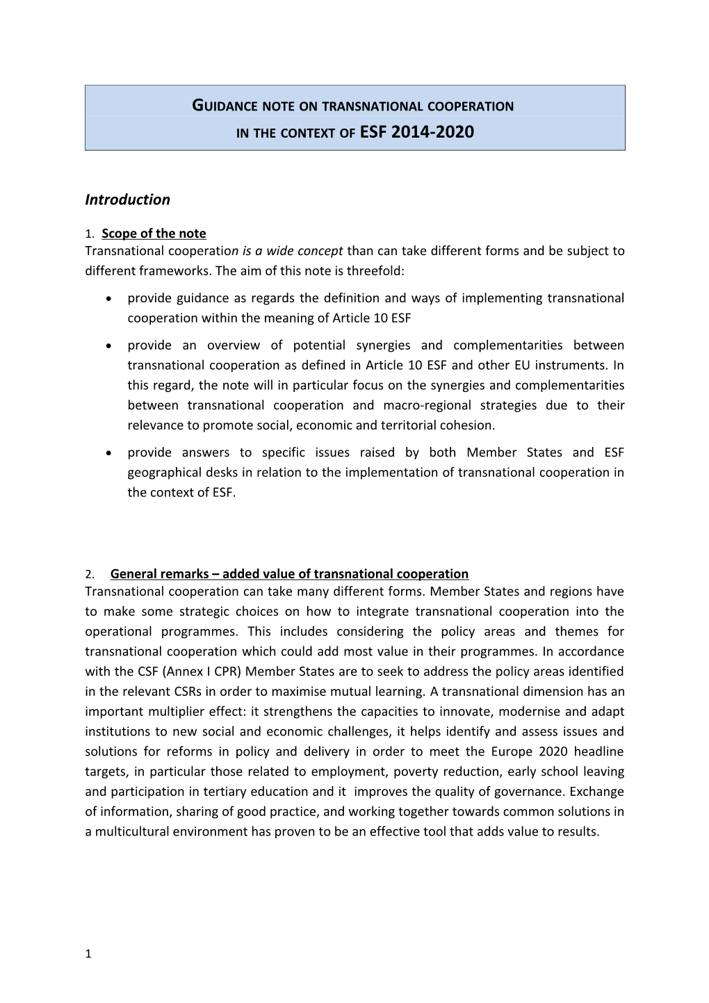 Guidance Note on Transnational Cooperation