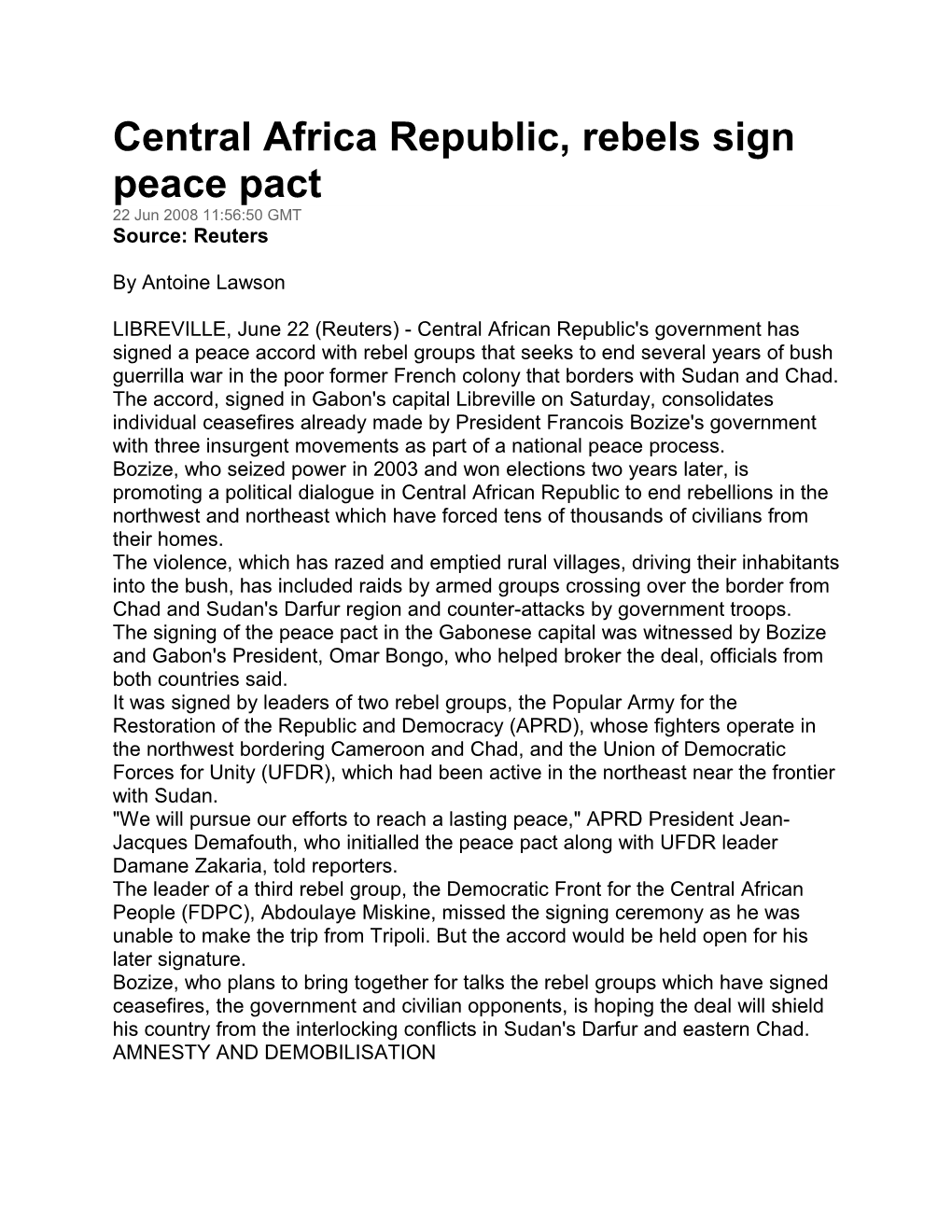 Central Africa Republic, Rebels Sign Peace Pact