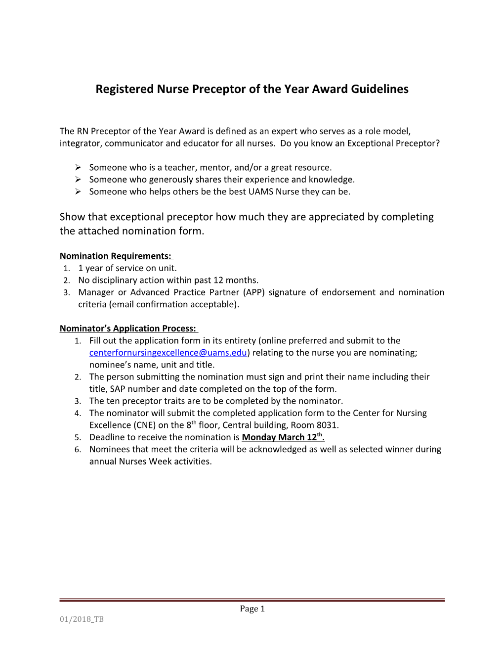 Registered Nurse Preceptor of the Year Award Guidelines