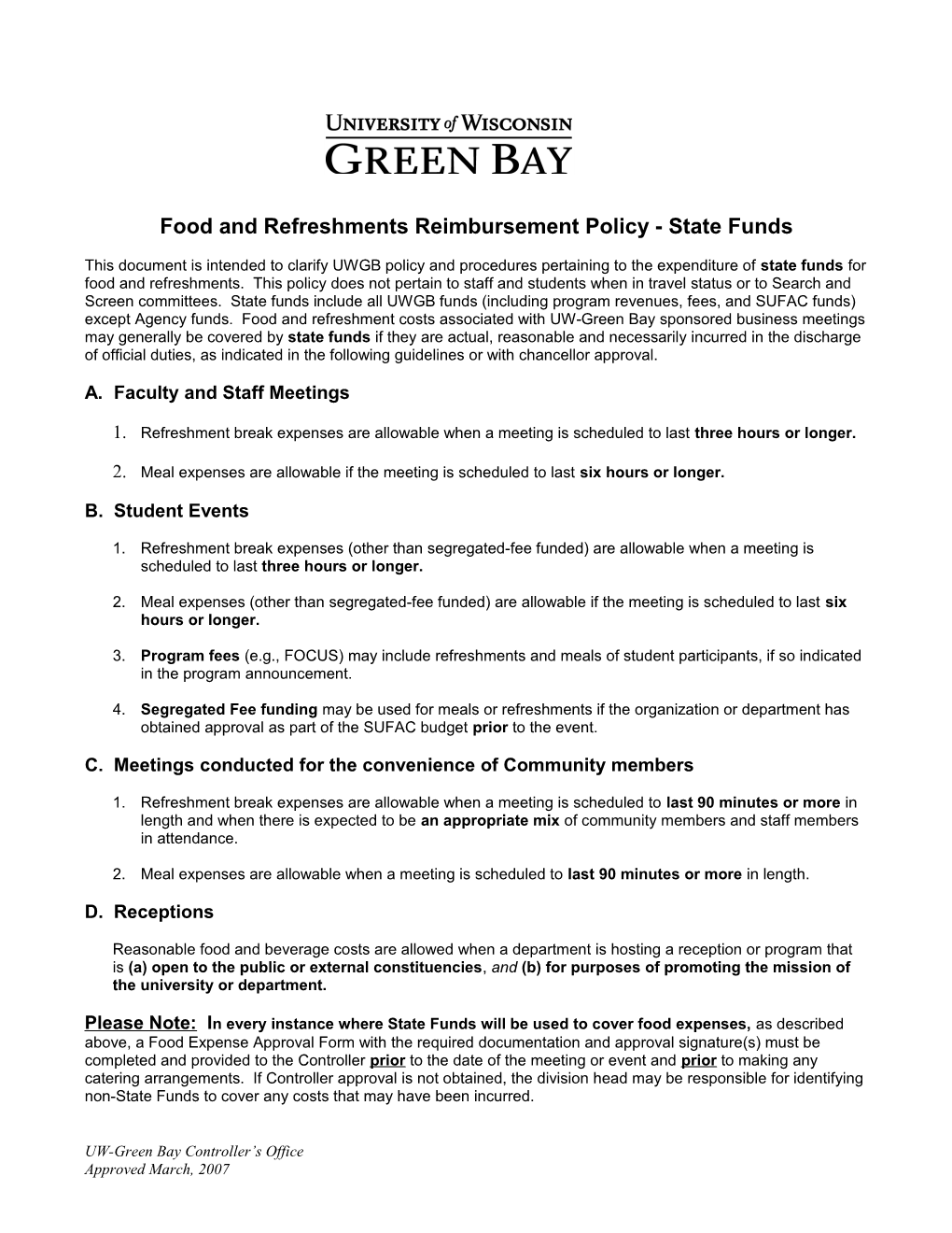 UW-Green Bay Food Reimbursement