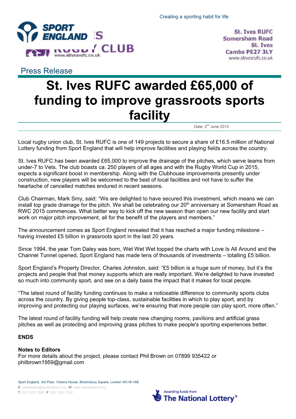 Local Rugby Union Club,St. Ives Rufcis One of 149 Projects to Secure a Share of 16.5 Million