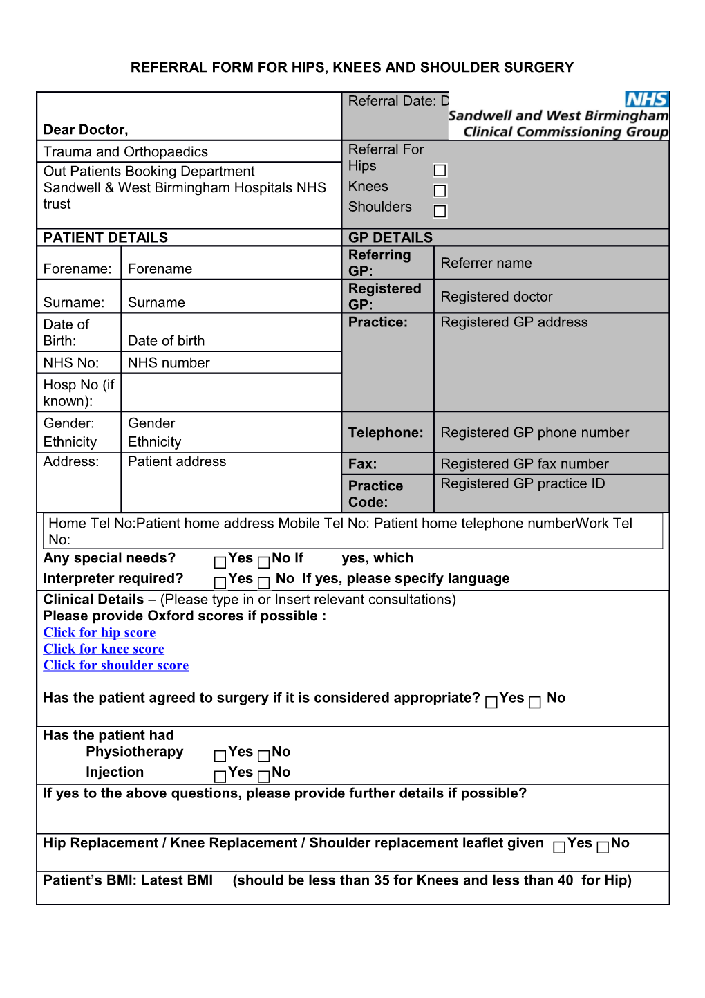 Referral Form for Hips, Knees and Shoulder Surgery