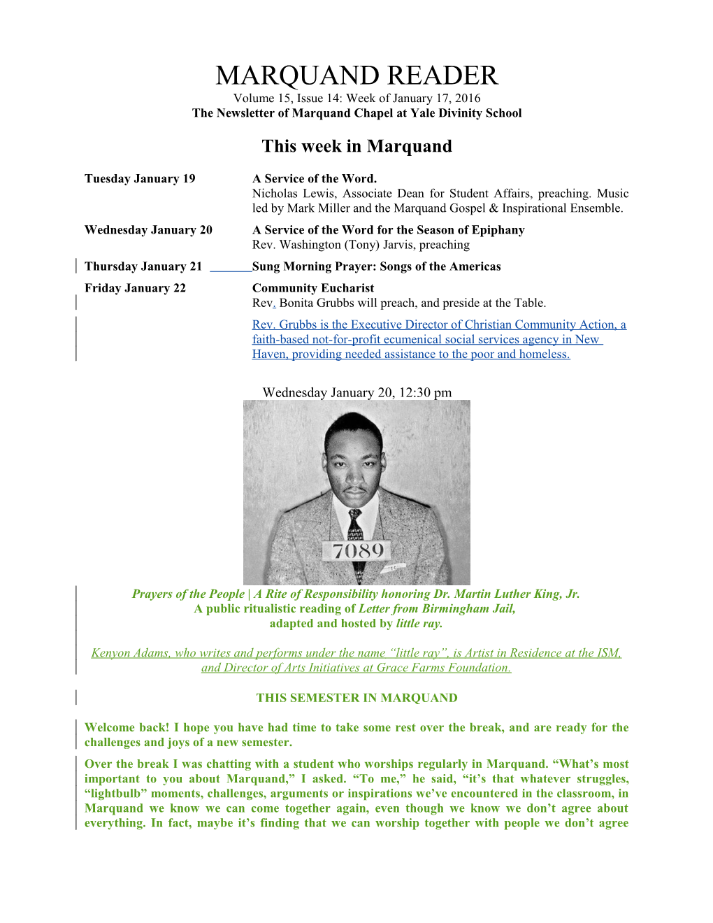 The Newsletter of Marquand Chapel at Yale Divinity School