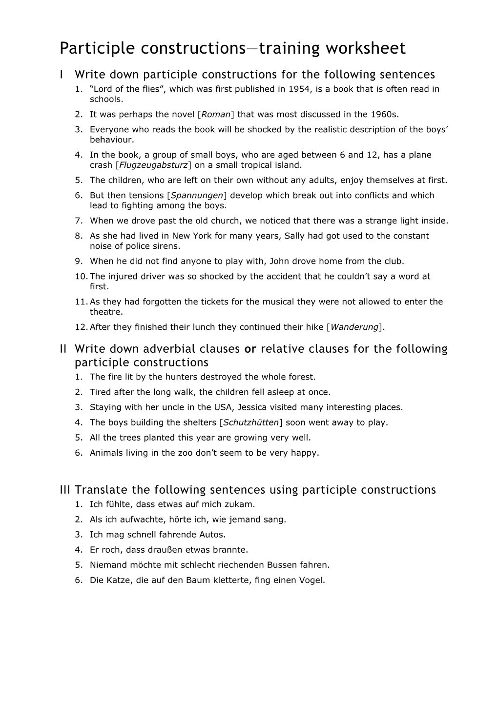 Participle Constructions Training Worksheet