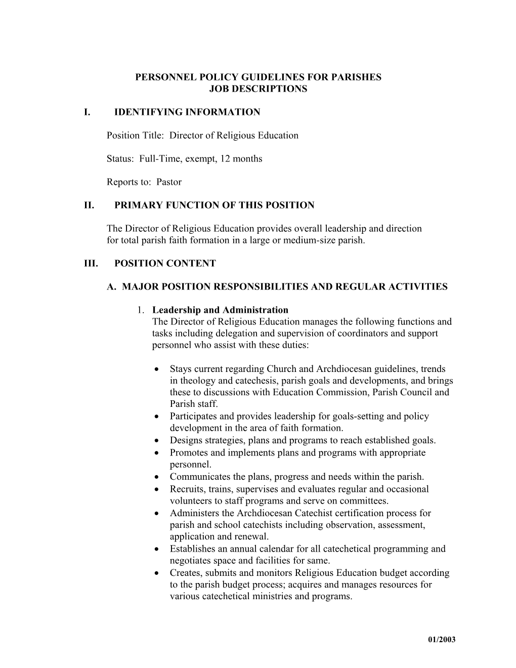 Personnel Policy Guidelines for Parishes Job Descriptions