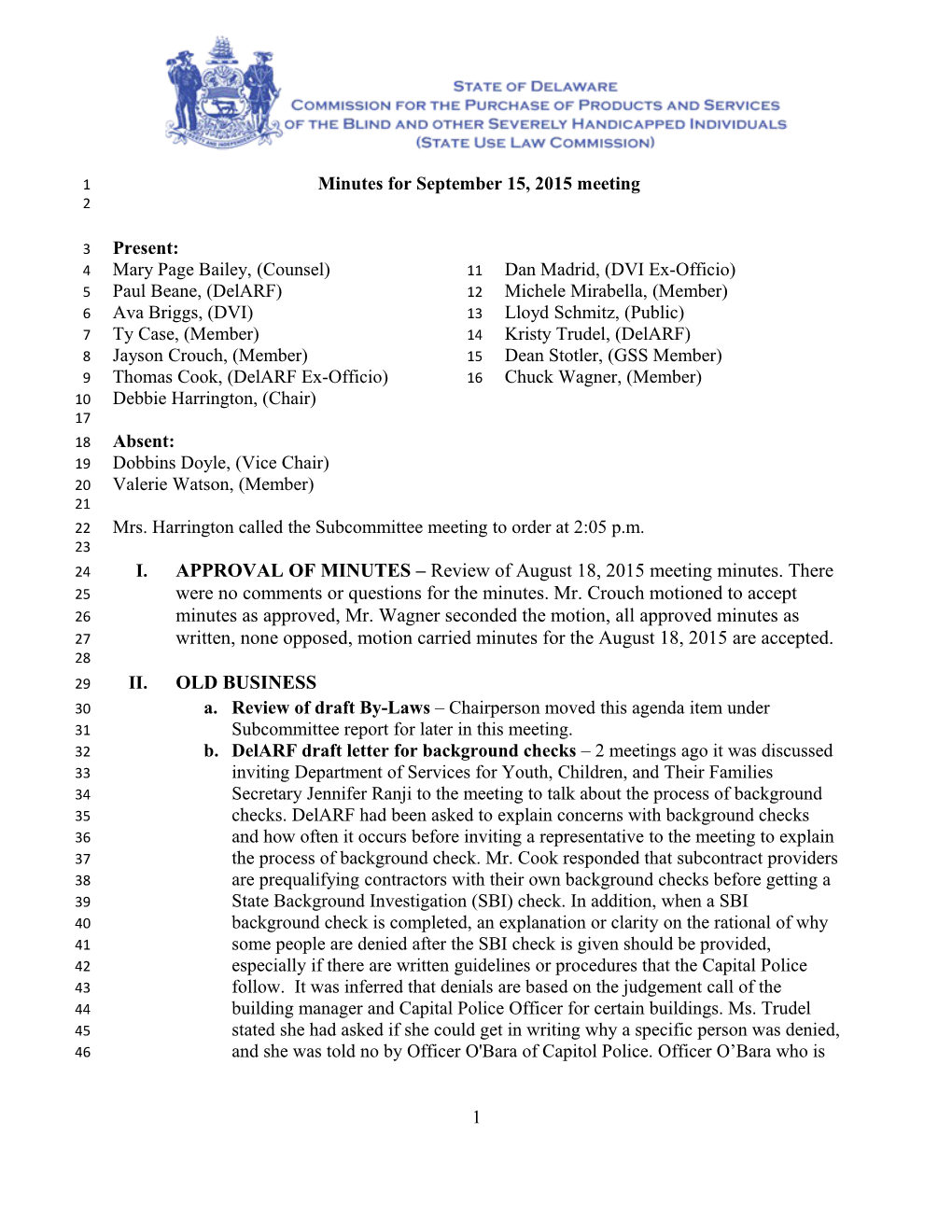 Minutes for September 15, 2015 Meeting