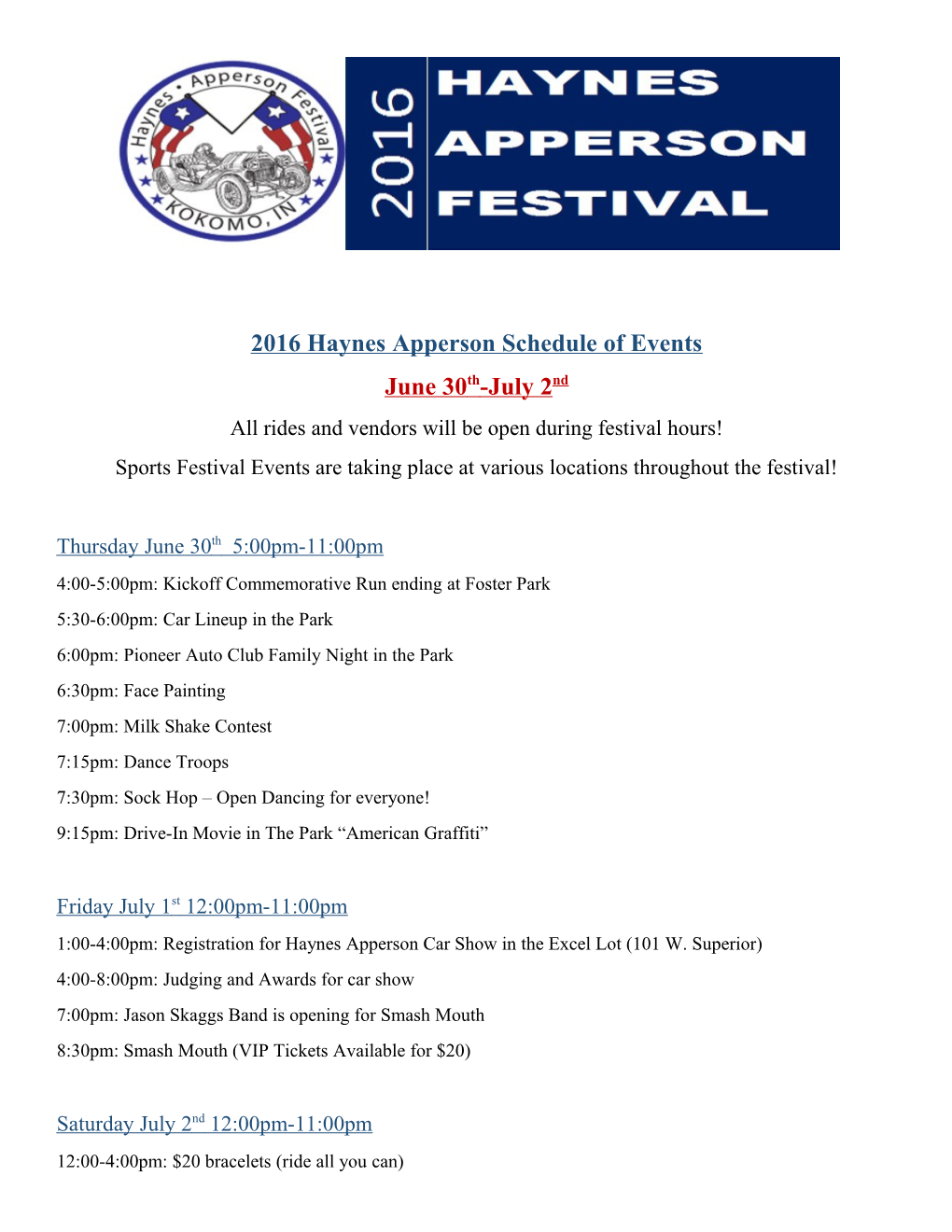 2016 Haynes Apperson Schedule of Events