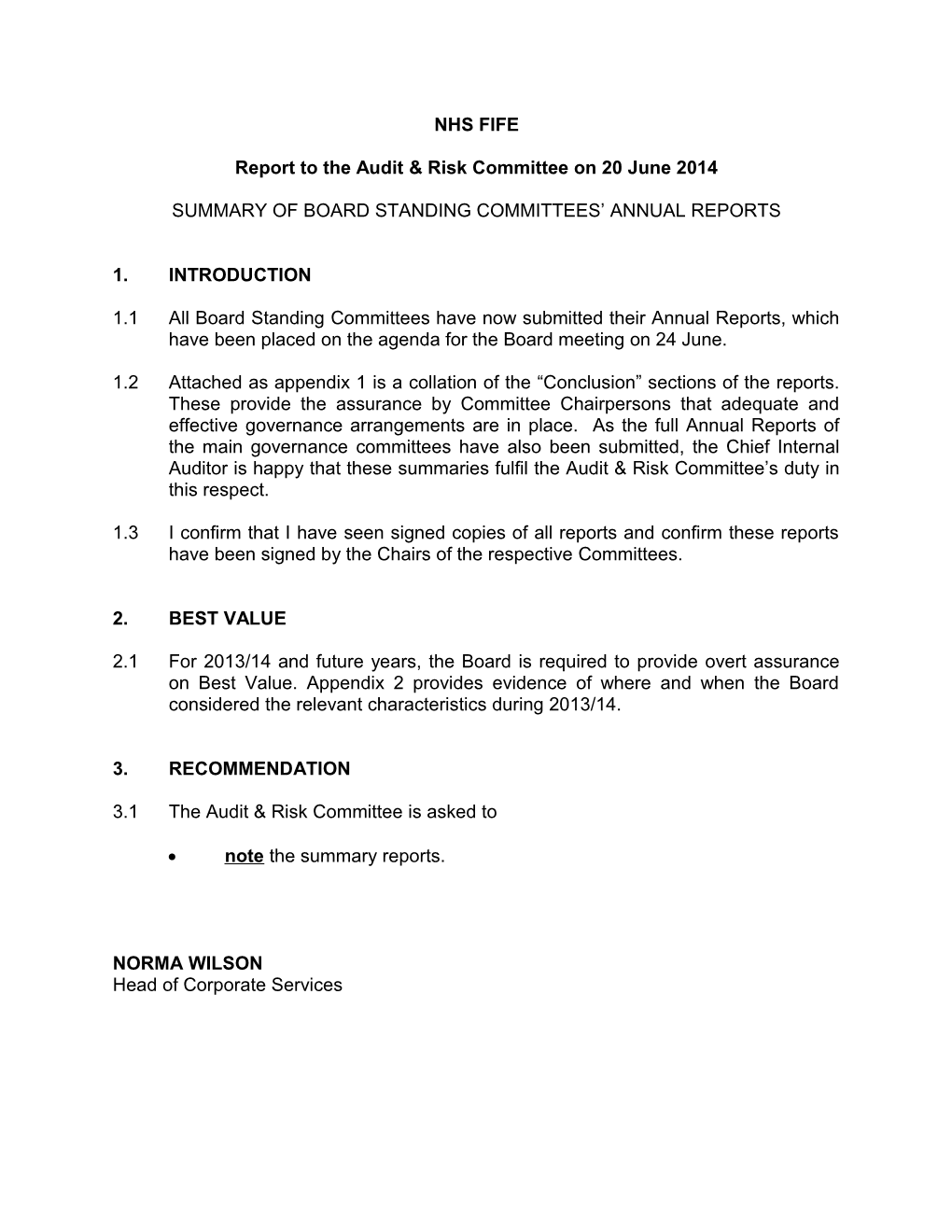 Report to the Audit & Risk Committee on 20 June 2014