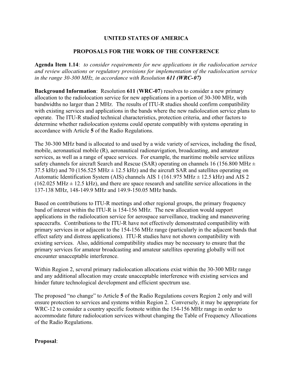 Proposals for the Work of the Conference