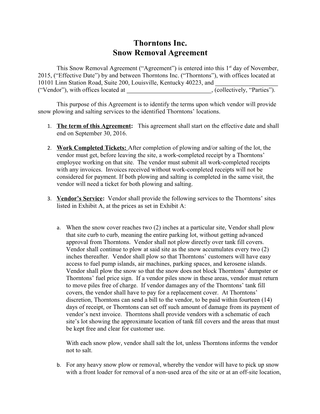 Snow Removal Agreement