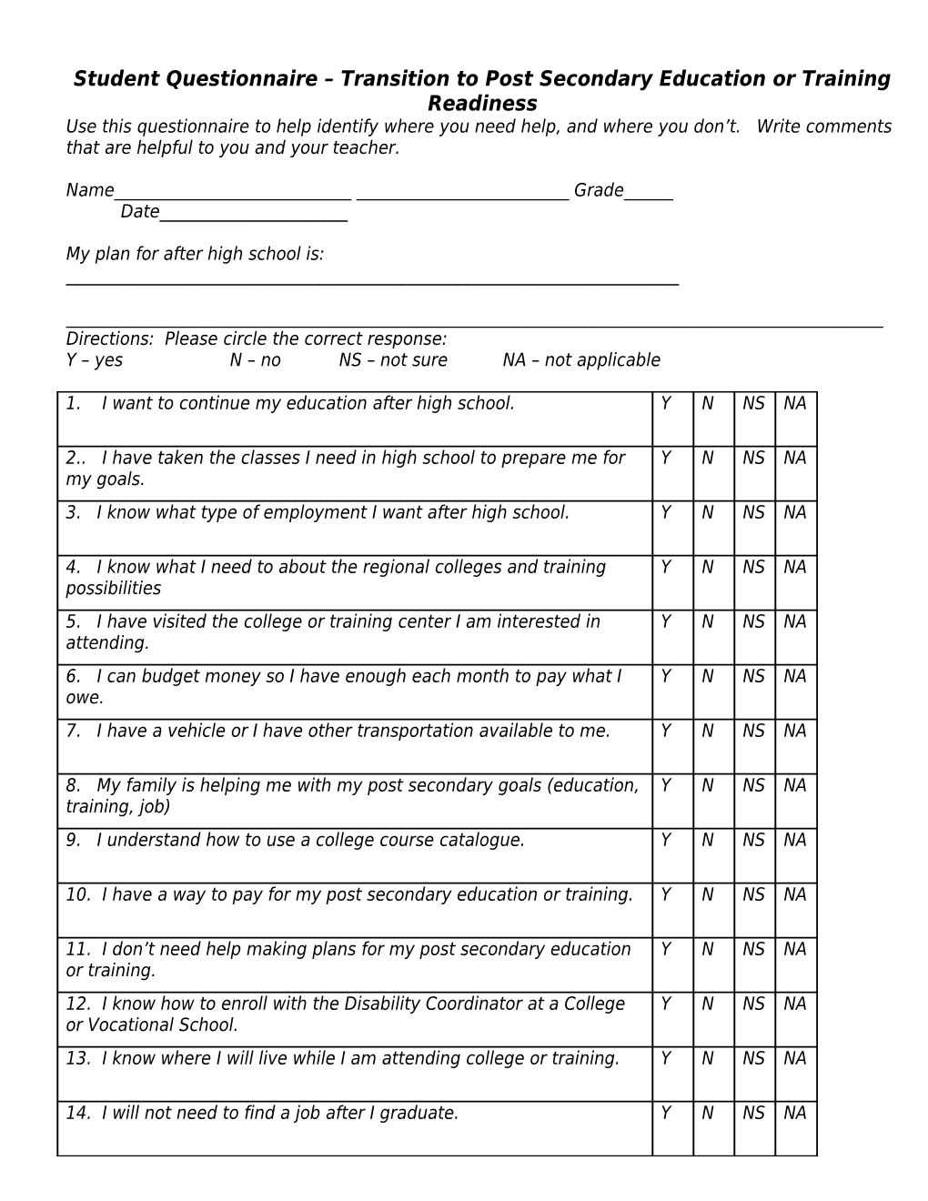 Student Questionnaire – Transition Readiness