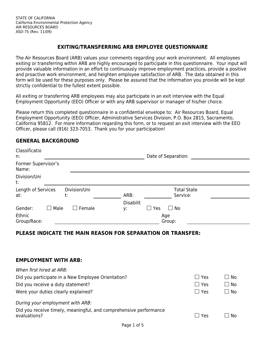 Forms: Exiting/Transferring ARB Employee Questionnaire (ASD 75)