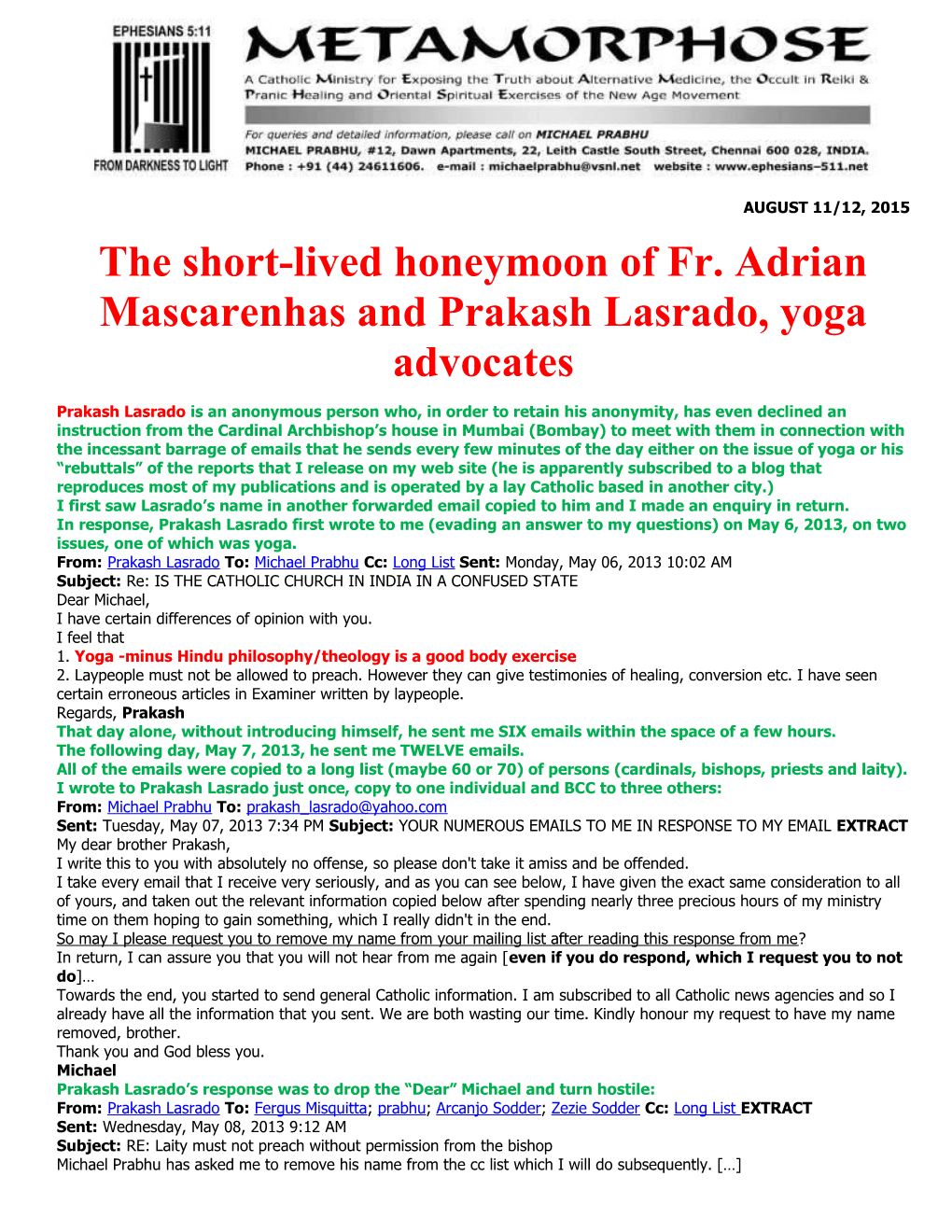 The Short-Lived Honeymoon of Fr. Adrian Mascarenhas and Prakash Lasrado, Yoga Advocates