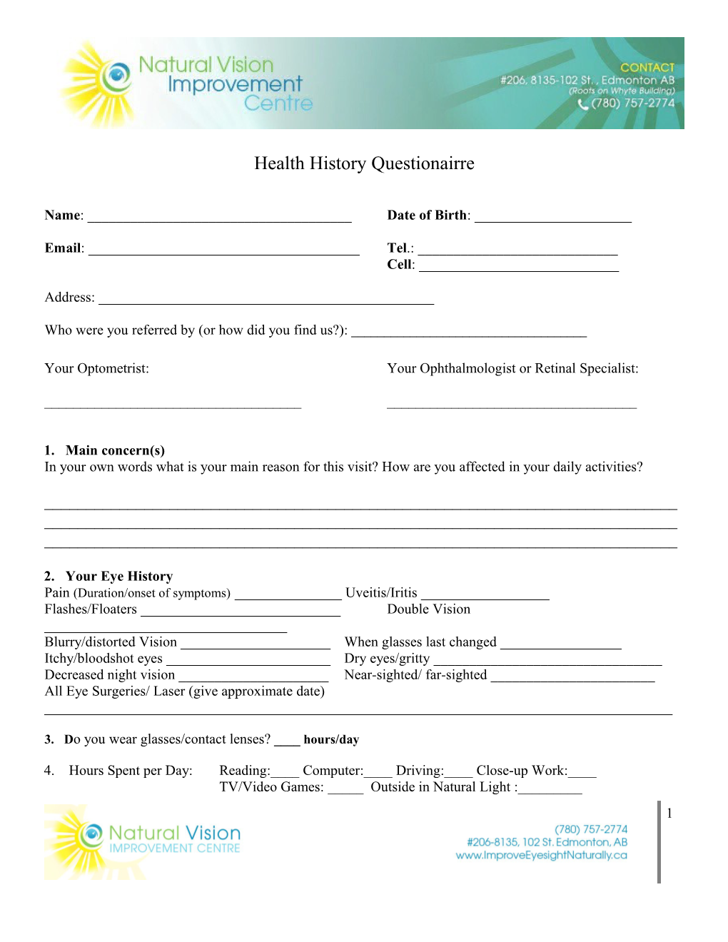 Health History Questionairre