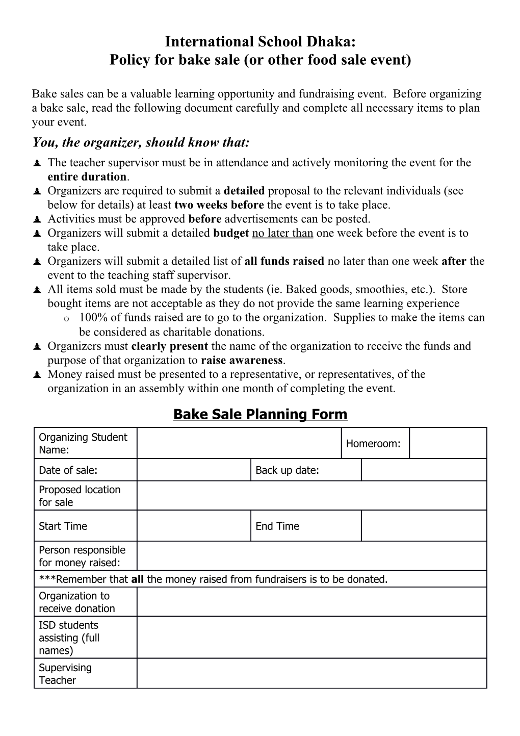 Policy for Bake Sale (Or Other Food Sale Event)