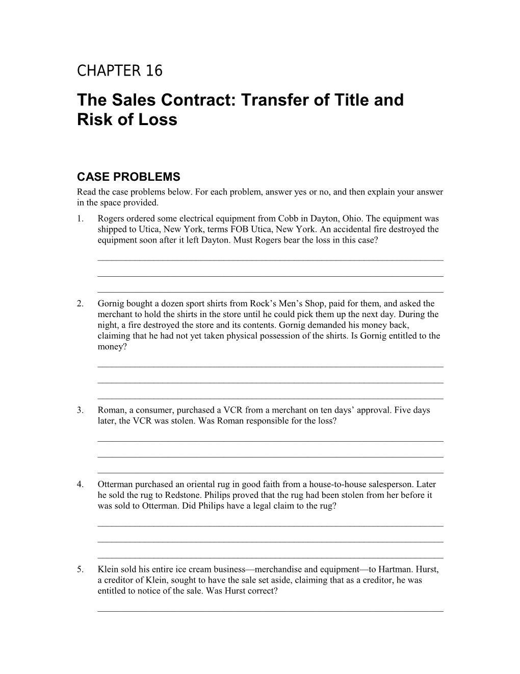 The Sales Contract: Transfer of Title and Risk of Loss