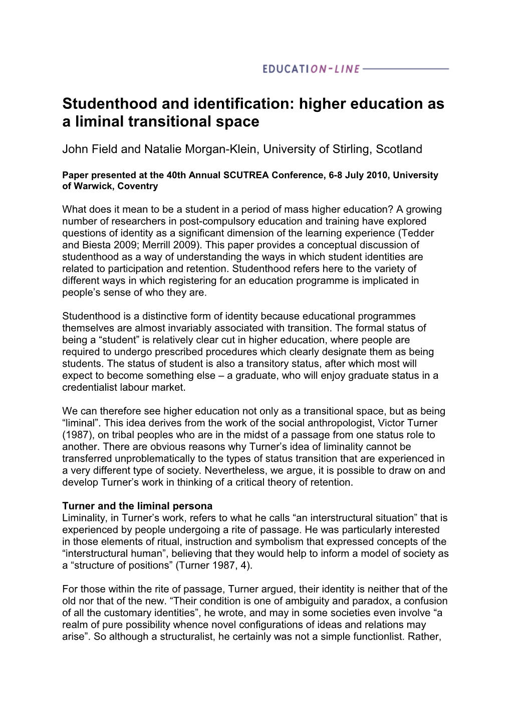 Studenthood and Identification: Higher Education As a Liminal Transitional Space