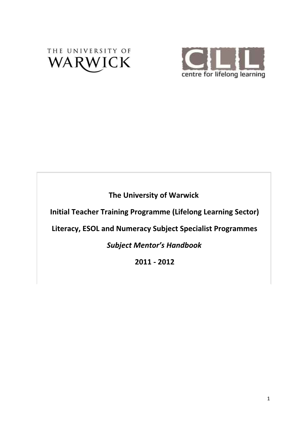 Initial Teacher Training Programme (Lifelong Learning Sector)