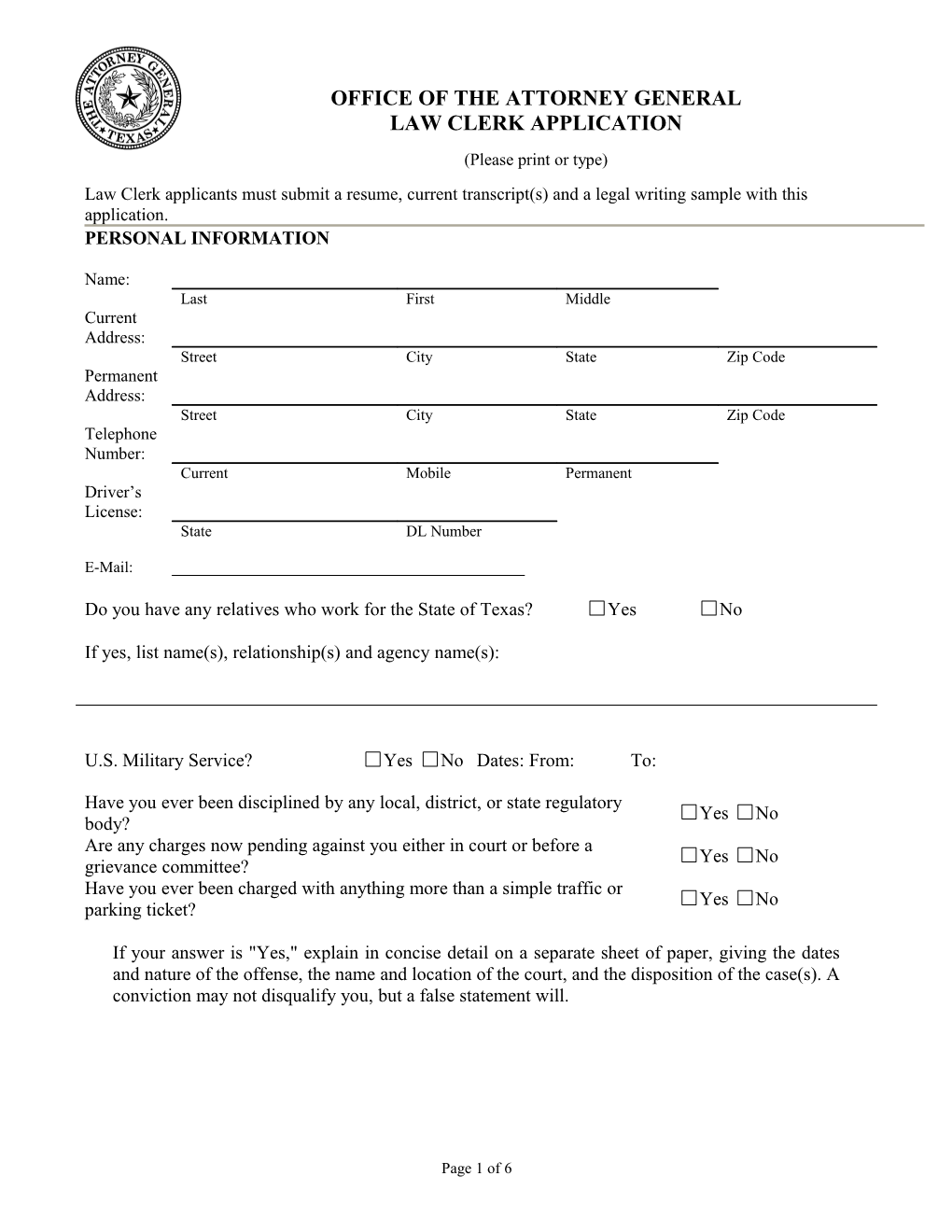 Office of the Attorney General Law Clerk Application