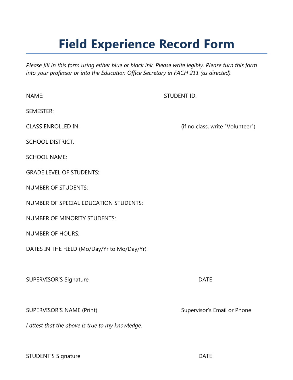 Field Experience Record Form