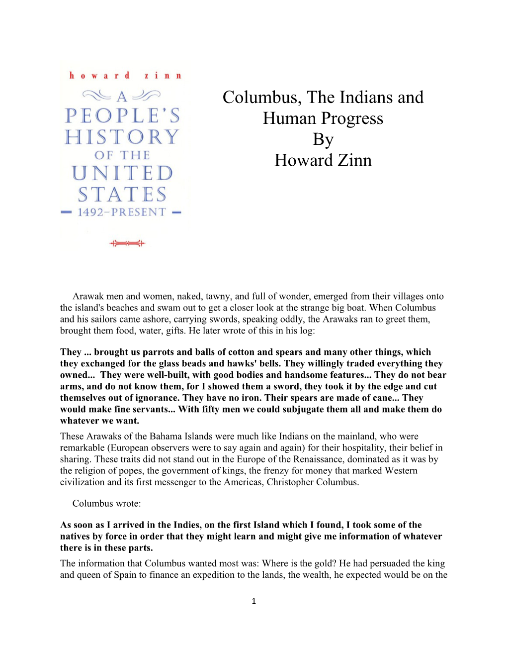 Columbus, the Indians and Human Progress