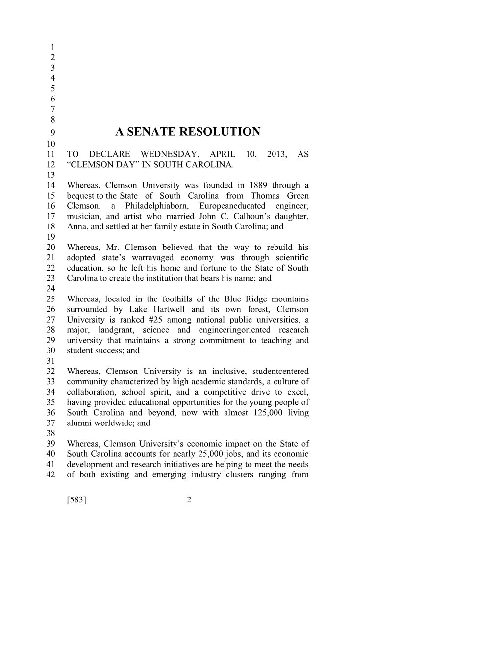2013-2014 Bill 583: Clemson Day - South Carolina Legislature Online