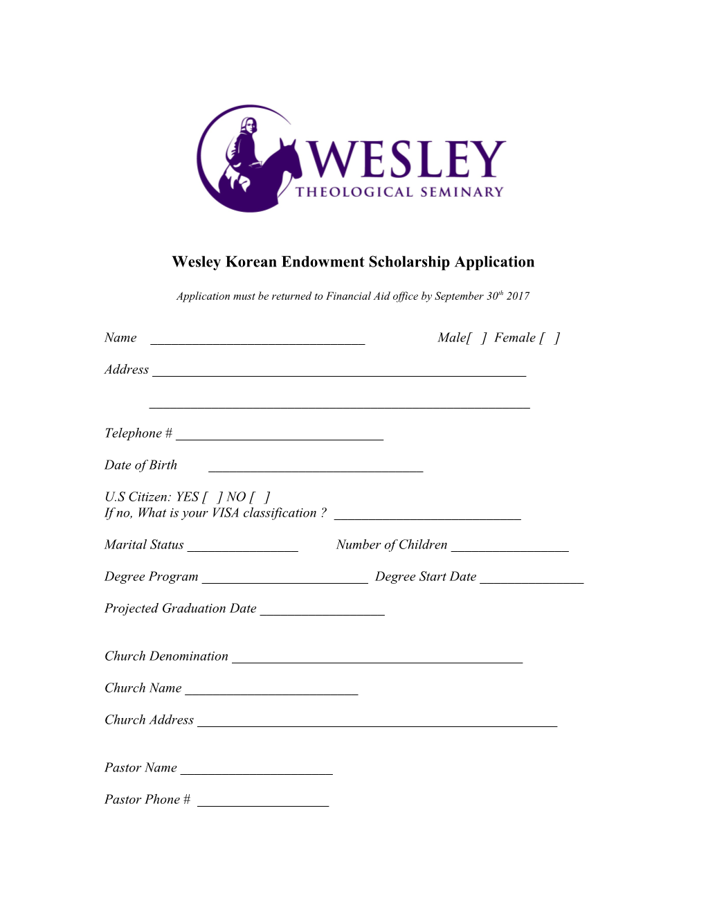 Wesley Korean Endowment Scholarship Application
