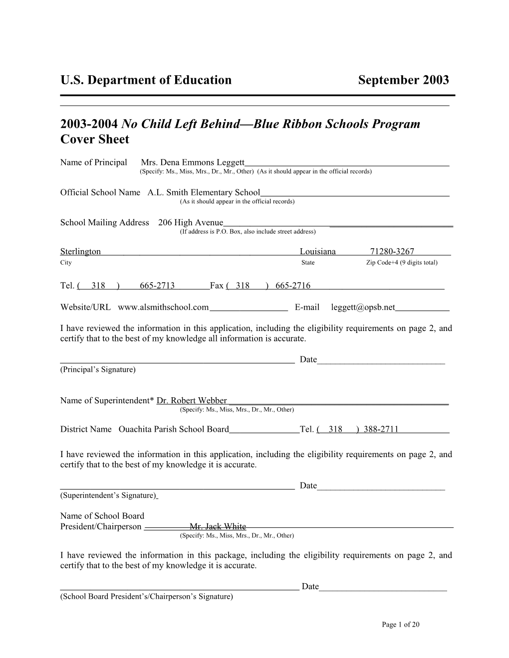 A. L. Smith Elementary School 2004 No Child Left Behind-Blue Ribbon School Application (Msword)