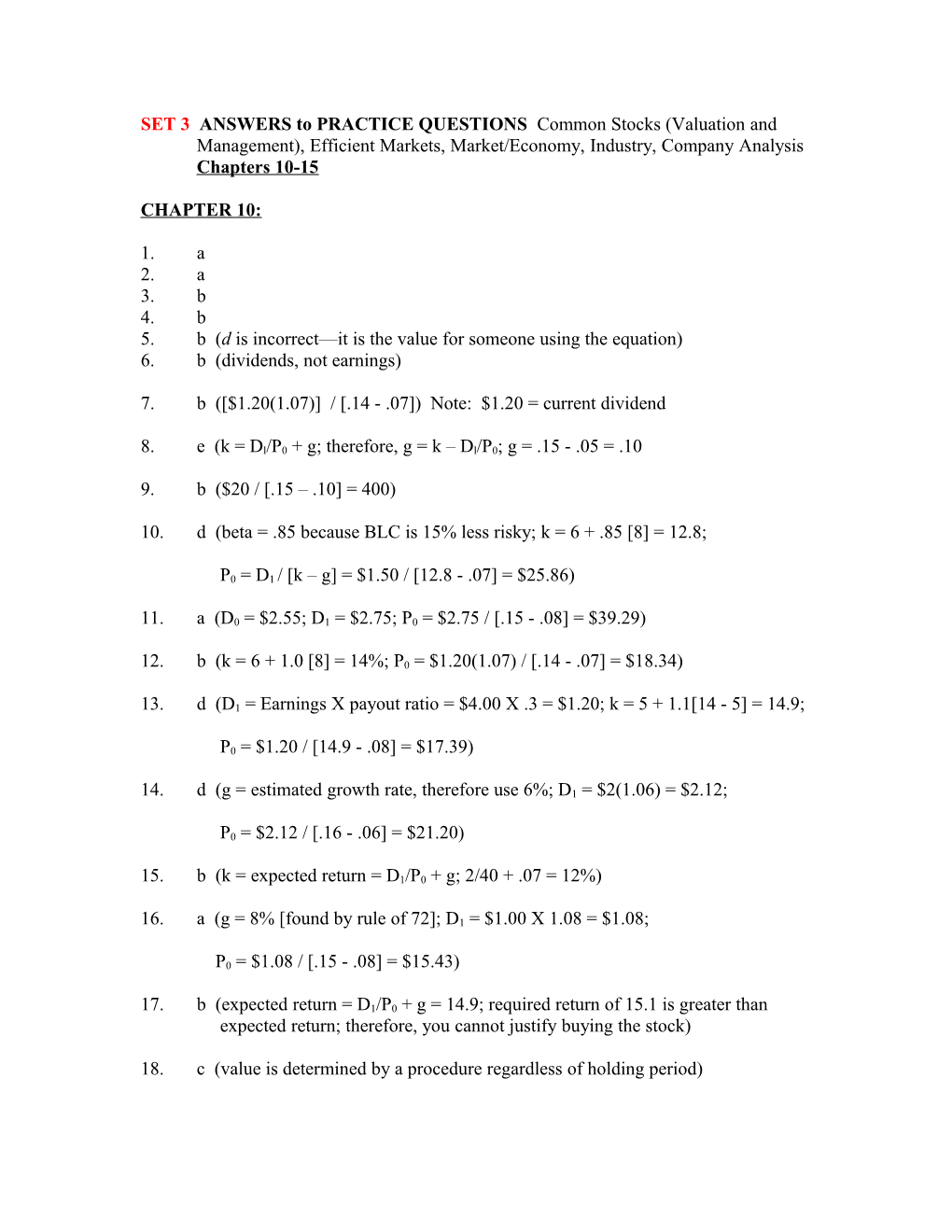 SET 3 ANSWERS to PRACTICE QUESTIONS Common Stocks (Valuation And