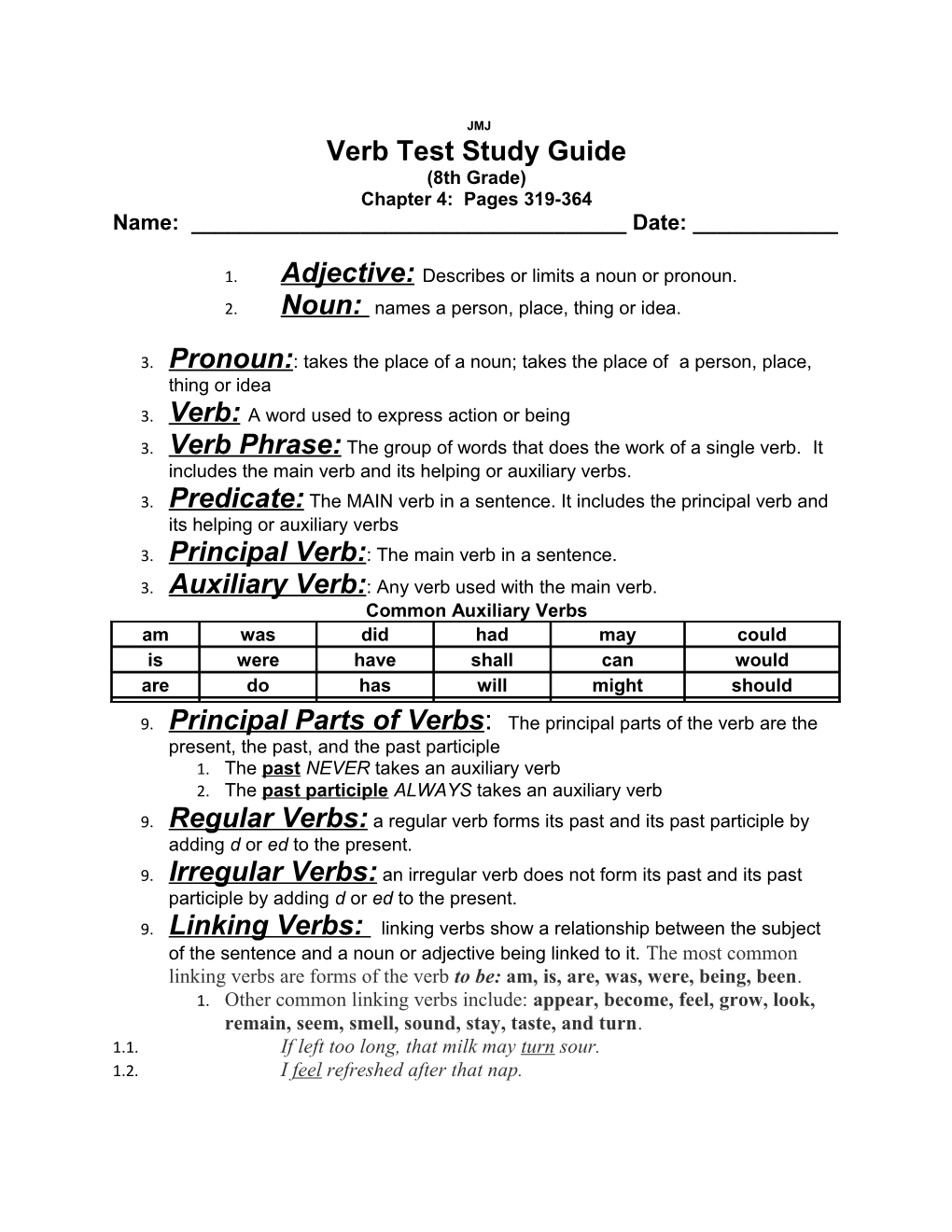 Verb Test Study Guide